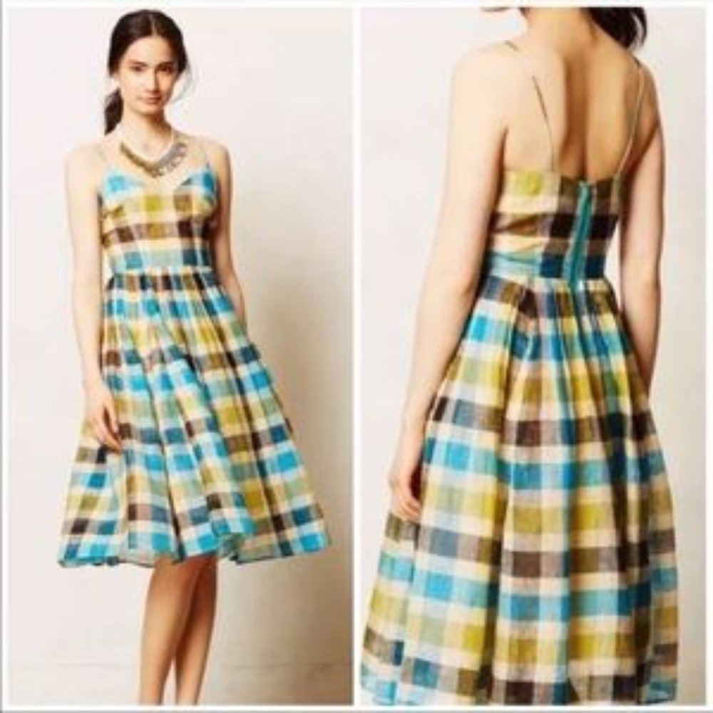 Anthropoligie Tracy Reese Check Linen Midi Dress | Size 2